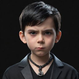 An angry animated boy, dressed in sleek black attire, showcasing a unique necklace made of an iced snake with its sense of drama and intensity.