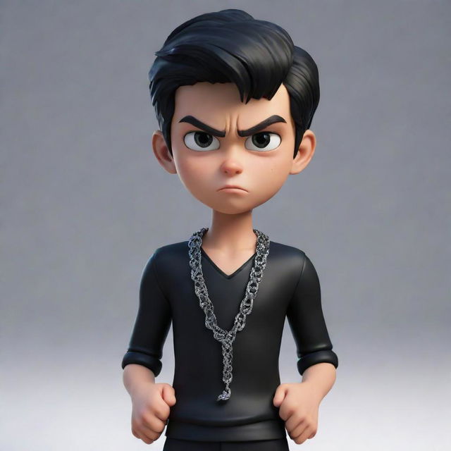 An angry animated boy, dressed in sleek black attire, showcasing a unique necklace made of an iced snake with its sense of drama and intensity.