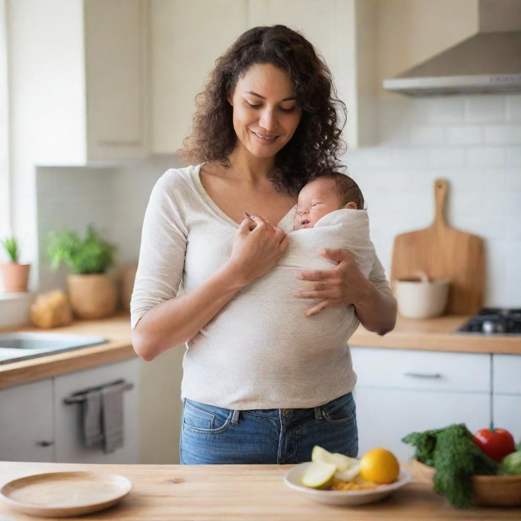 A loving mother, carrying a baby in her arms while cooking dinner in a cozy, brightly-lit kitchen.