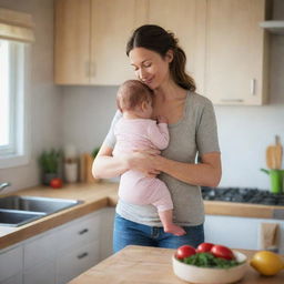 A loving mother, carrying a baby in her arms while cooking dinner in a cozy, brightly-lit kitchen.