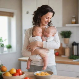 A loving mother, carrying a baby in her arms while cooking dinner in a cozy, brightly-lit kitchen.