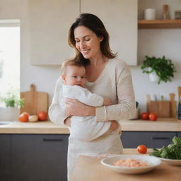 A loving mother, carrying a baby in her arms while cooking dinner in a cozy, brightly-lit kitchen.