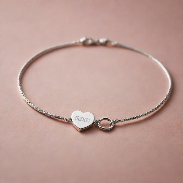 A delicate bracelet imprinted with the word 'mom' and a heart symbol, glistening under soft lighting.