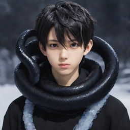 An anime-style boy enveloped in black, exuding a reputation aura, with a snake sculpted from ice gracefully coiled around his neck.