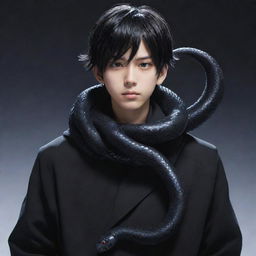 An anime-style boy enveloped in black, exuding a reputation aura, with a snake sculpted from ice gracefully coiled around his neck.
