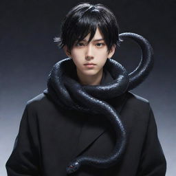 An anime-style boy enveloped in black, exuding a reputation aura, with a snake sculpted from ice gracefully coiled around his neck.