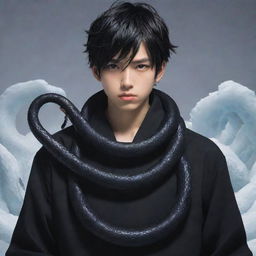 An anime-style boy enveloped in black, exuding a reputation aura, with a snake sculpted from ice gracefully coiled around his neck.