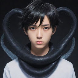 An anime-style boy enveloped in black, exuding a reputation aura, with a snake sculpted from ice gracefully coiled around his neck.