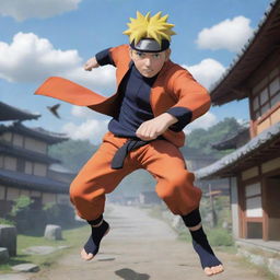 Dynamic action scene of the anime character, Naruto, jumping in mid-air, throwing shurikens with a backdrop of the Hidden Leaf Village.