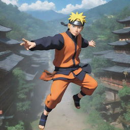 Dynamic action scene of the anime character, Naruto, jumping in mid-air, throwing shurikens with a backdrop of the Hidden Leaf Village.