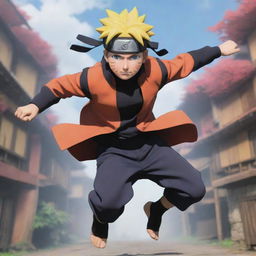 Dynamic action scene of the anime character, Naruto, jumping in mid-air, throwing shurikens with a backdrop of the Hidden Leaf Village.