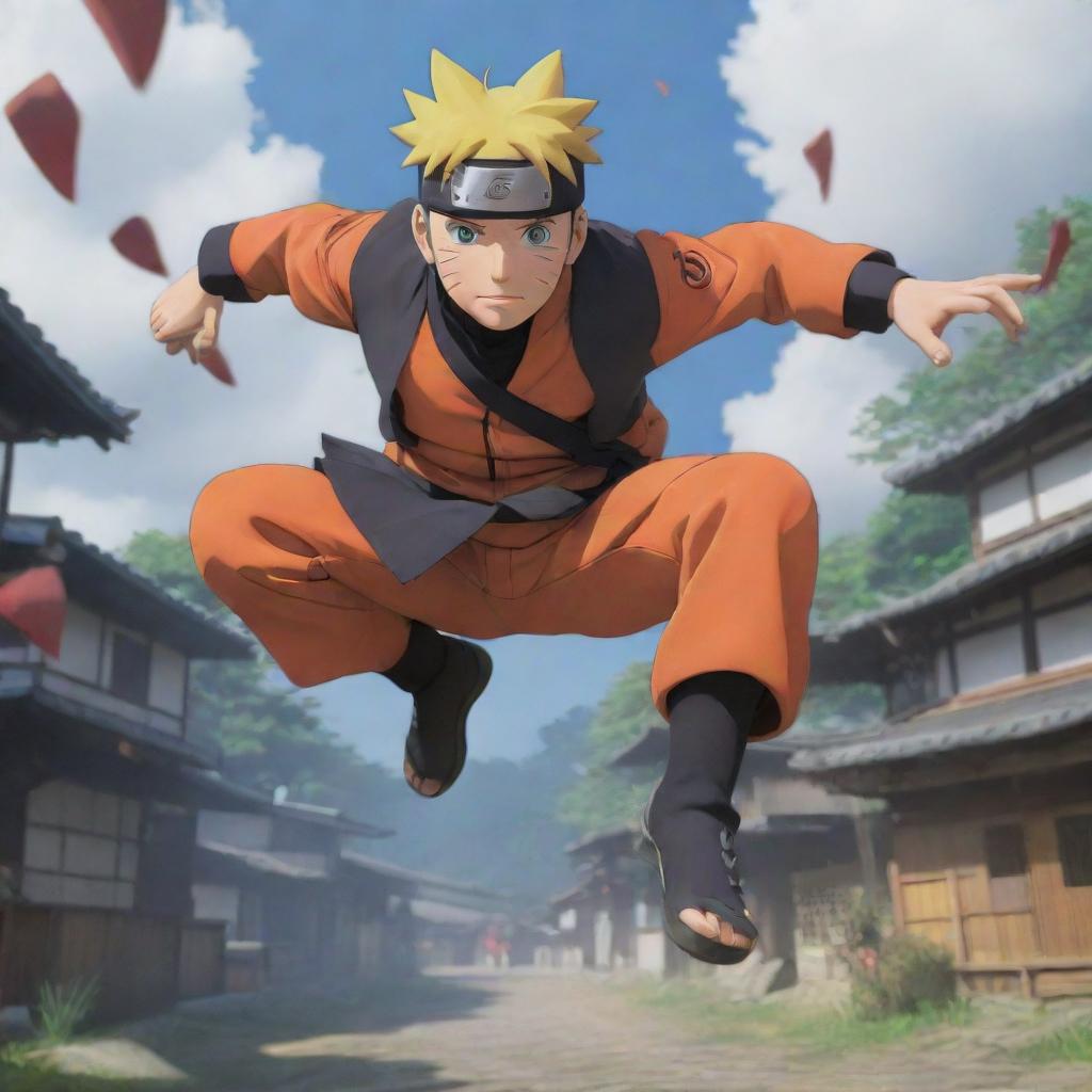 Dynamic action scene of the anime character, Naruto, jumping in mid-air, throwing shurikens with a backdrop of the Hidden Leaf Village.