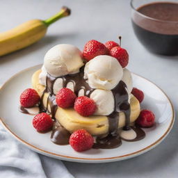 A beautifully arranged banana split sitting on a glass dish, with three generous scoops of vanilla, chocolate, and strawberry ice cream, topped with hot fudge, a flurry of whipped cream, and a glossy red cherry on top.