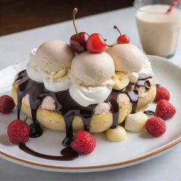 A beautifully arranged banana split sitting on a glass dish, with three generous scoops of vanilla, chocolate, and strawberry ice cream, topped with hot fudge, a flurry of whipped cream, and a glossy red cherry on top.