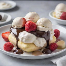 A beautifully arranged banana split sitting on a glass dish, with three generous scoops of vanilla, chocolate, and strawberry ice cream, topped with hot fudge, a flurry of whipped cream, and a glossy red cherry on top.