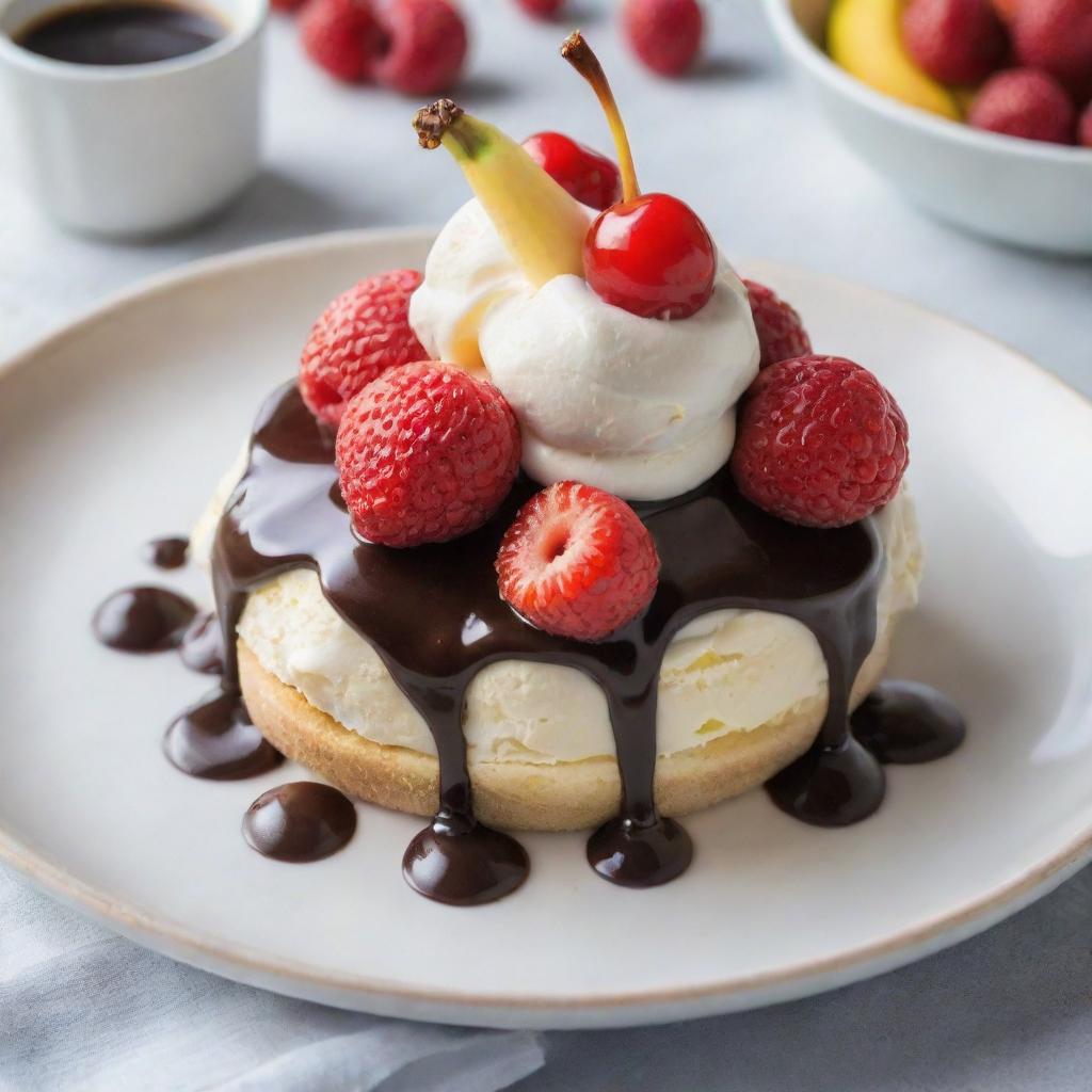 A beautifully arranged banana split sitting on a glass dish, with three generous scoops of vanilla, chocolate, and strawberry ice cream, topped with hot fudge, a flurry of whipped cream, and a glossy red cherry on top.