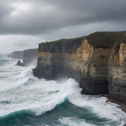 Generate an image of large cliffs, with rugged edges jutting against a stark sky, the force of the ocean waves crashing against them.