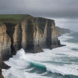 Generate an image of large cliffs, with rugged edges jutting against a stark sky, the force of the ocean waves crashing against them.