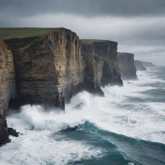 Generate an image of large cliffs, with rugged edges jutting against a stark sky, the force of the ocean waves crashing against them.