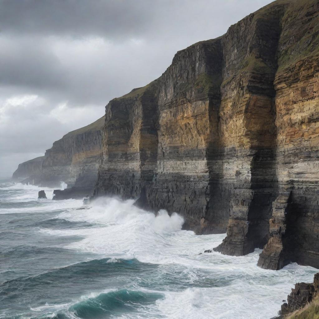 Generate an image of large cliffs, with rugged edges jutting against a stark sky, the force of the ocean waves crashing against them.