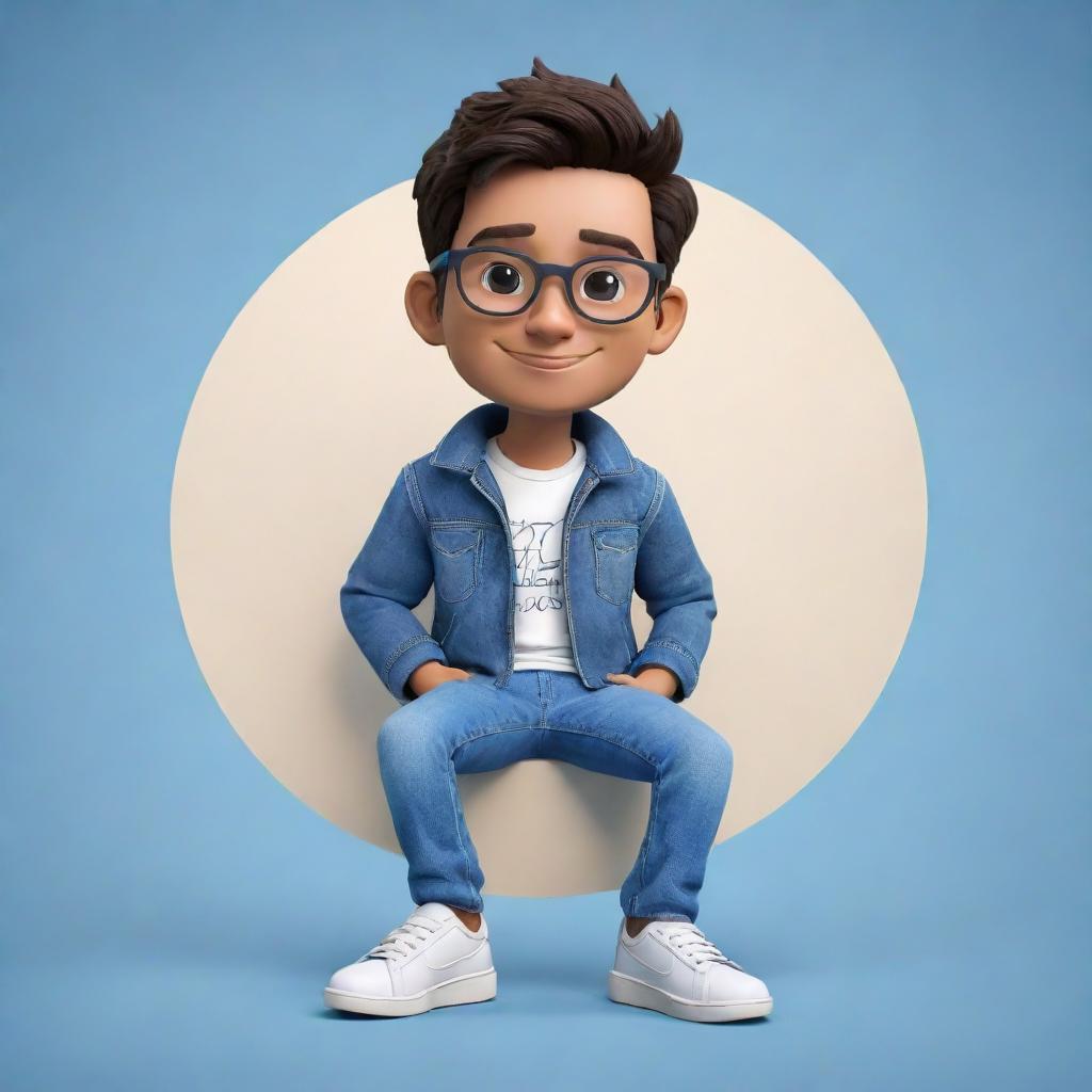 Generate a 3D cartoon character in casual attire like jeans, a jacket, and sneakers, relaxedly situated on the Telegram logo. The background consists of a social media profile page, specifically titled 'AYUSH'.