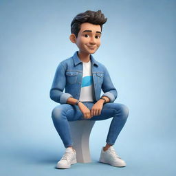 Generate a 3D cartoon character in casual attire like jeans, a jacket, and sneakers, relaxedly situated on the Telegram logo. The background consists of a social media profile page, specifically titled 'AYUSH'.