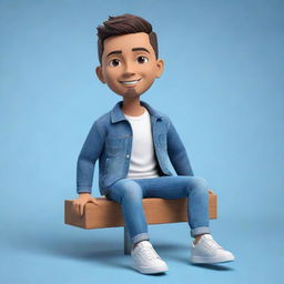 Generate a 3D cartoon character in casual attire like jeans, a jacket, and sneakers, relaxedly situated on the Telegram logo. The background consists of a social media profile page, specifically titled 'AYUSH'.