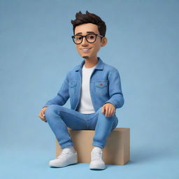 Generate a 3D cartoon character in casual attire like jeans, a jacket, and sneakers, relaxedly situated on the Telegram logo. The background consists of a social media profile page, specifically titled 'AYUSH'.