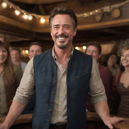 Tony Stark dressed in casual clothing, smiling and celebrating on a detailed, antique pirate ship with festive decorations and people merrily partying around him