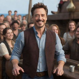 Tony Stark dressed in casual clothing, smiling and celebrating on a detailed, antique pirate ship with festive decorations and people merrily partying around him