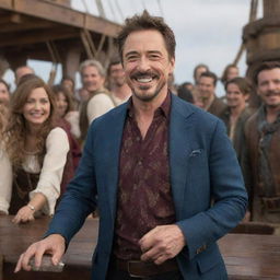 Tony Stark dressed in casual clothing, smiling and celebrating on a detailed, antique pirate ship with festive decorations and people merrily partying around him