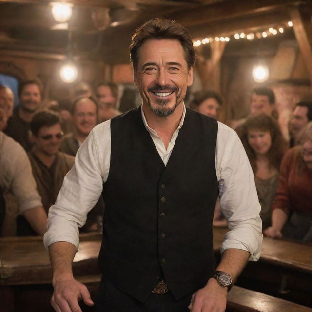 Tony Stark dressed in casual clothing, smiling and celebrating on a detailed, antique pirate ship with festive decorations and people merrily partying around him