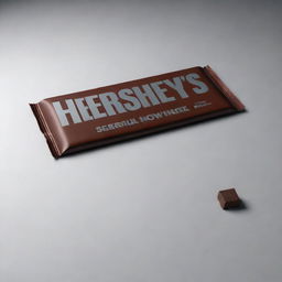 Generate a hyper-realistic image of a Hershey's chocolate bar on a desk with cinematic quality. Highlight details such as wrapper texture, chocolate facets, and reflections, emulating a pristine 32k resolution shot.