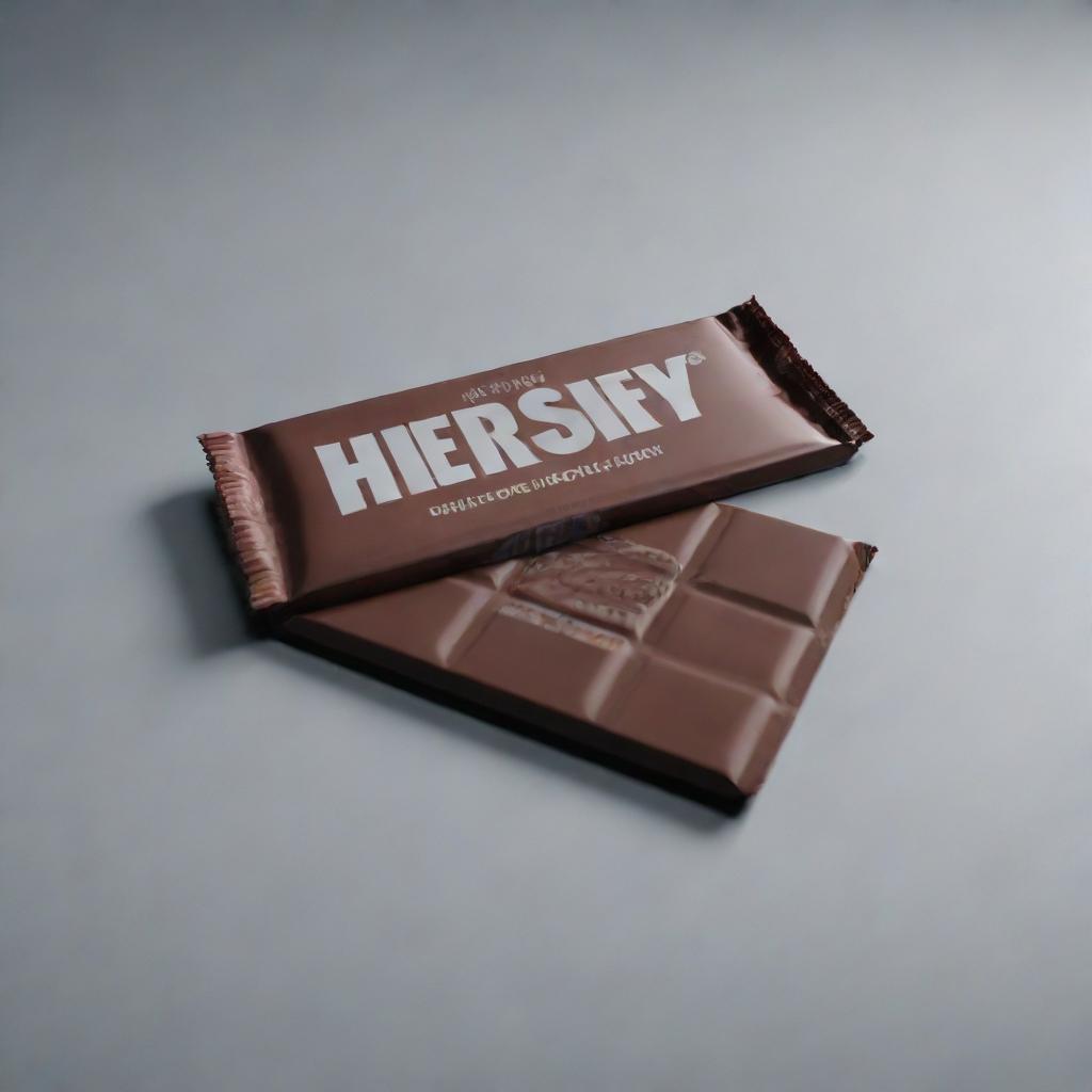 Generate a hyper-realistic image of a Hershey's chocolate bar on a desk with cinematic quality. Highlight details such as wrapper texture, chocolate facets, and reflections, emulating a pristine 32k resolution shot.