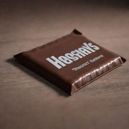 Generate a hyper-realistic image of a Hershey's chocolate bar on a desk with cinematic quality. Highlight details such as wrapper texture, chocolate facets, and reflections, emulating a pristine 32k resolution shot.