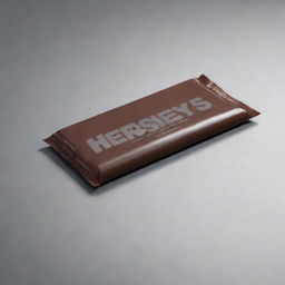 Generate a hyper-realistic image of a Hershey's chocolate bar on a desk with cinematic quality. Highlight details such as wrapper texture, chocolate facets, and reflections, emulating a pristine 32k resolution shot.