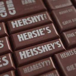 Enhance the previous image with additional definition and detail, making the Hershey's chocolate bar, its texture, gloss, and overall presentation look even more sharp, vivid, and lifelike, replicating an ultra-high 64k resolution shot.