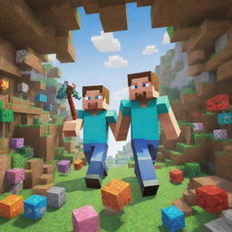 Dream and GeorgeNotFound, two popular Minecraft gamers, engaged in a humorous and intense gaming session in a vibrantly colored, pixelated Minecraft world.