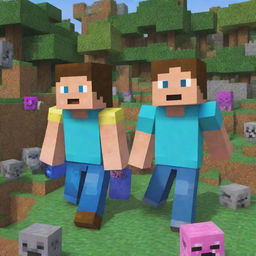 Dream and GeorgeNotFound, two popular Minecraft gamers, engaged in a humorous and intense gaming session in a vibrantly colored, pixelated Minecraft world.