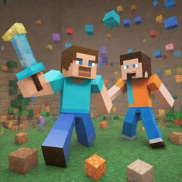 Dream and GeorgeNotFound, two popular Minecraft gamers, engaged in a humorous and intense gaming session in a vibrantly colored, pixelated Minecraft world.