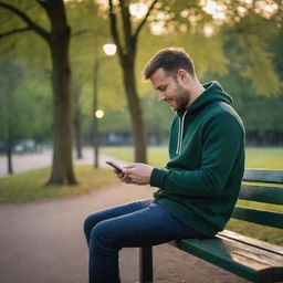 A man sits on a bench in a park, absorbed in his smartphone which displays the Whatsapp app. The scene is filled with ambient lighting, highlighting the screen details.