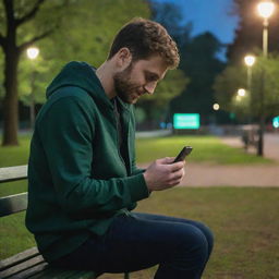 A man sits on a bench in a park, absorbed in his smartphone which displays the Whatsapp app. The scene is filled with ambient lighting, highlighting the screen details.