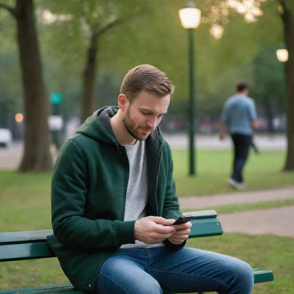 A man sits on a bench in a park, absorbed in his smartphone which displays the Whatsapp app. The scene is filled with ambient lighting, highlighting the screen details.