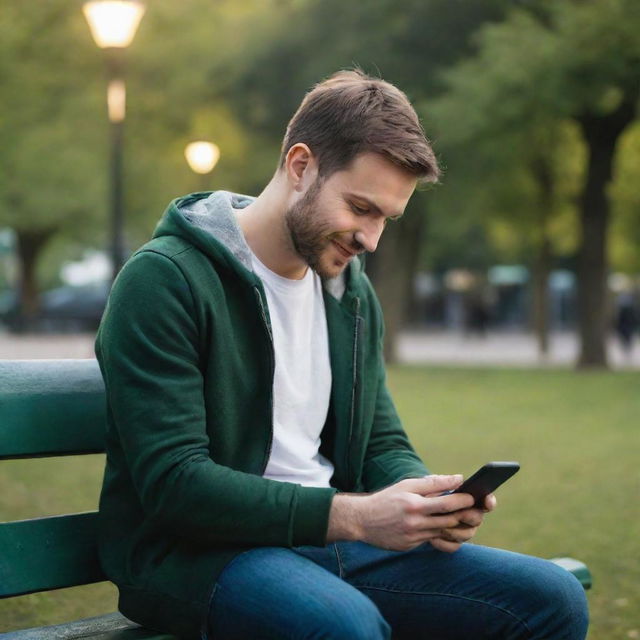 A man sits on a bench in a park, absorbed in his smartphone which displays the Whatsapp app. The scene is filled with ambient lighting, highlighting the screen details.