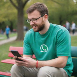 A man comfortably seated on a park bench, engrossed in his phone, with a large, colorful Whatsapp logo emerging subtly in the background.