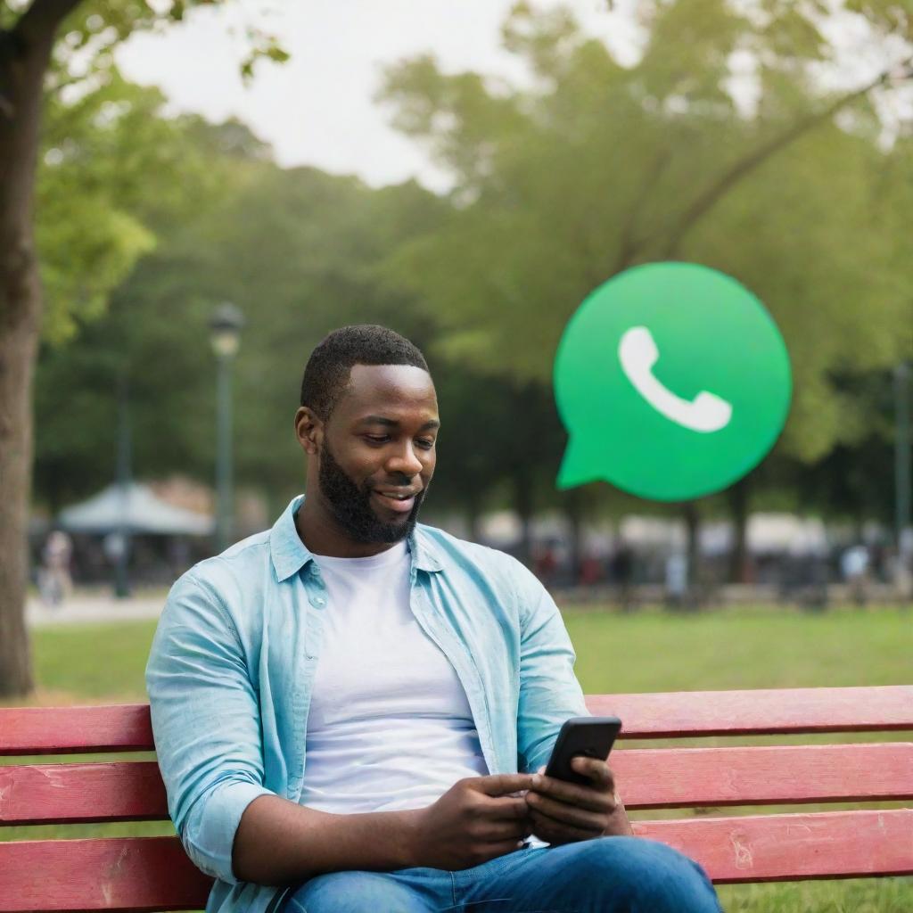 A man comfortably seated on a park bench, engrossed in his phone, with a large, colorful Whatsapp logo emerging subtly in the background.