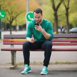 A man comfortably seated on a park bench, engrossed in his phone, with a large, colorful Whatsapp logo emerging subtly in the background.