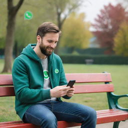 A man comfortably seated on a park bench, engrossed in his phone, with a large, colorful Whatsapp logo emerging subtly in the background.