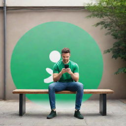 An animated, cartoon-like man seated on a bench, engrossed in his phone, with a vibrant and playful Whatsapp logo playfully interposed in the background.