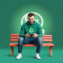 An animated, cartoon-like man seated on a bench, engrossed in his phone, with a vibrant and playful Whatsapp logo playfully interposed in the background.